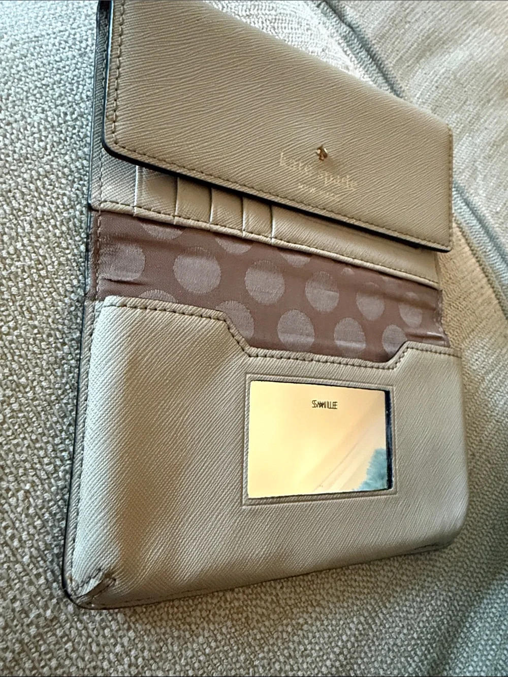 kate spade Taupe Leather Card Holder with Gold Accent